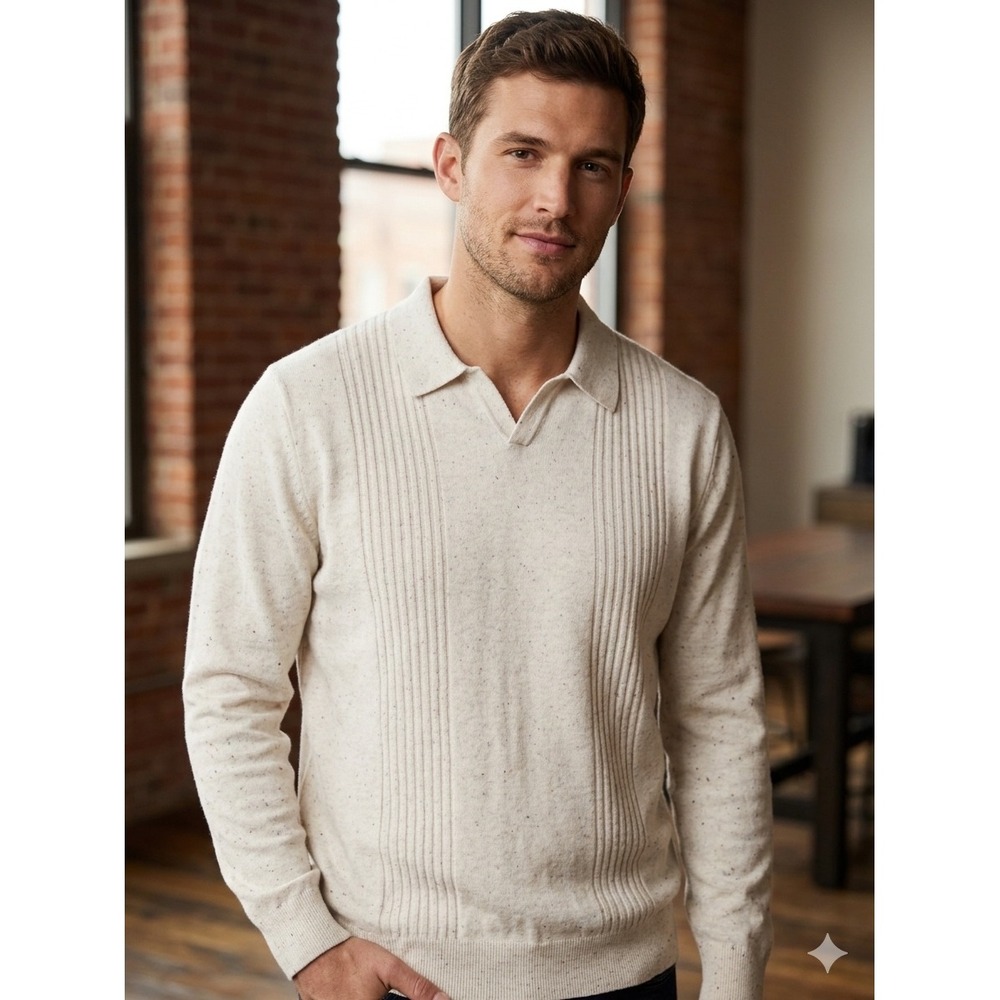 Goodfellow & Co Mens XXL Cream Oatmeal Speckle Long Sleeve Sweater Polo NWT